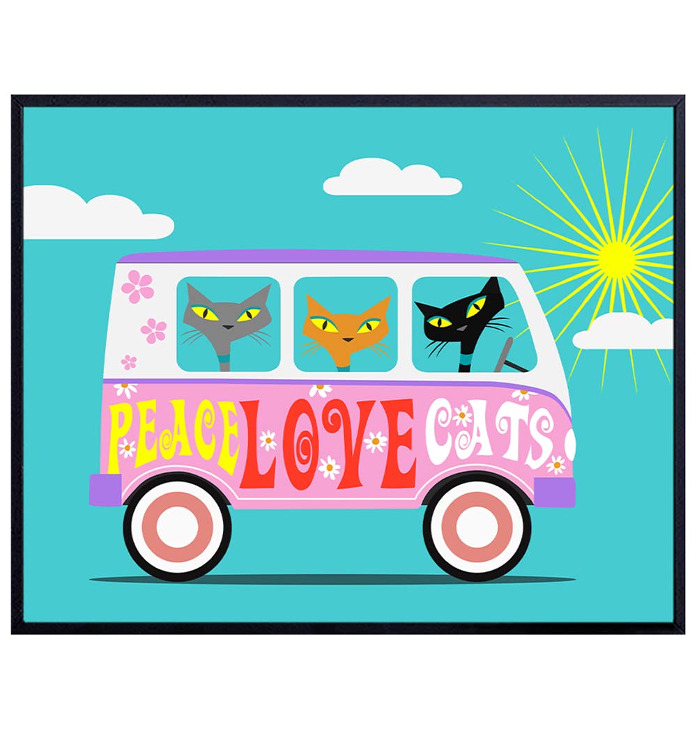 Mid Century Modern Wall Decor - Cat Wall Art - Cat Lover Gifts for Women Teen Girls - Retro Peace Love Wall Decor - Cute Cat Pictures - Hippy Hippie Room Decor - Love Cat Poster 8X10 UNFRAMED