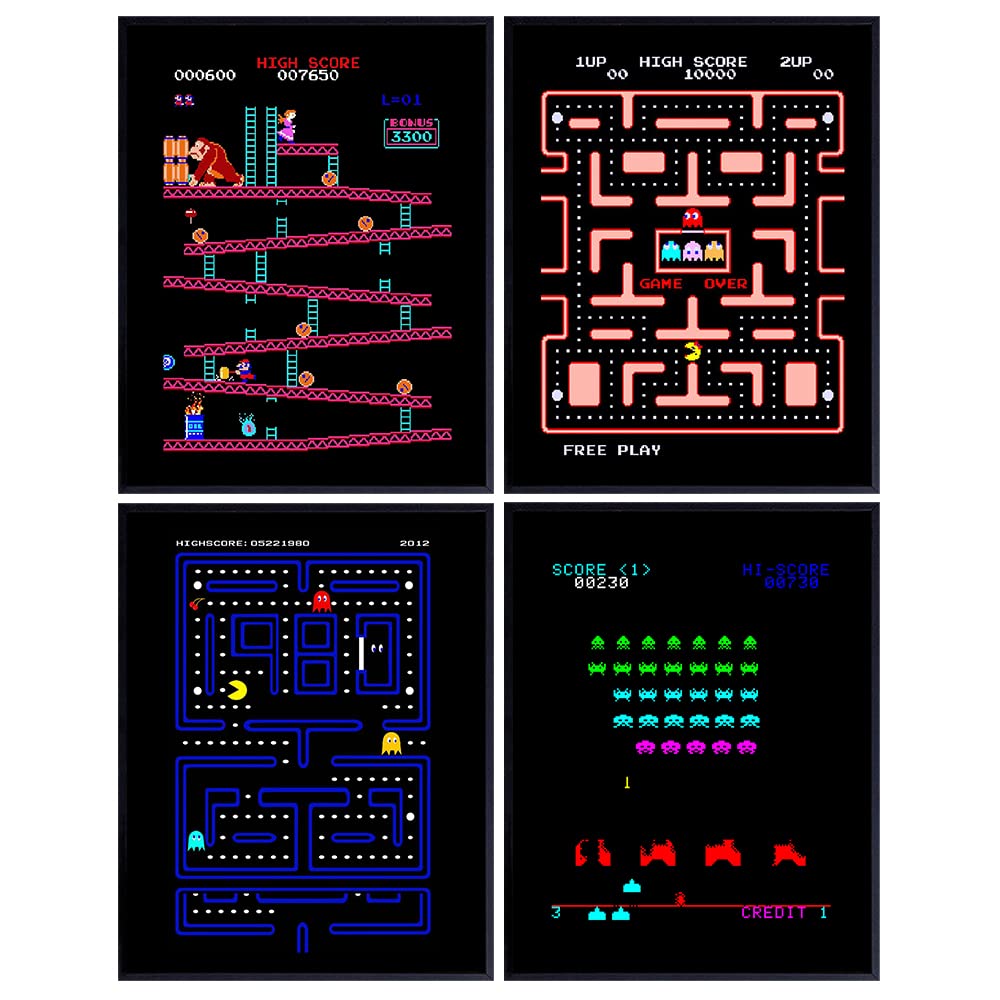 Classic Arcade Games Wall Art Prints - Arcade Decor - 8x10 Set for Man Cave, Den, Family Room, Bar, Bedroom - Gift for Gamers, Video Game, Pacman, Ms Pacman, Donkey Kong, Space Invaders Fans