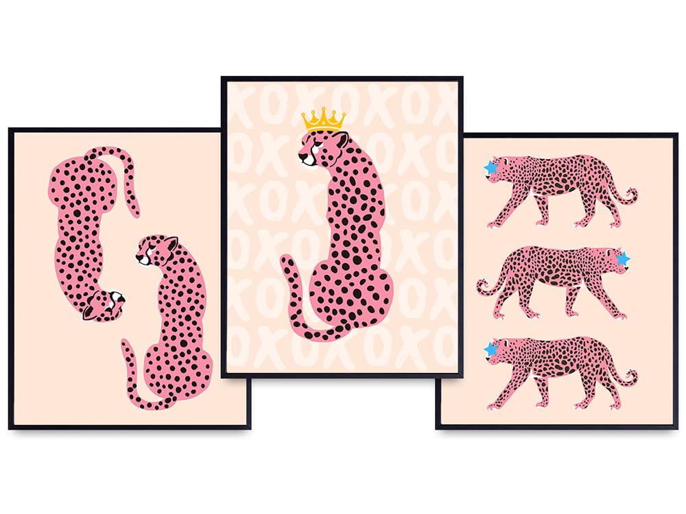 Retro style Cheetah Wall Art - Cheetah Print Boho-chic Living room Wall Decor Aesthetic - Trendy Funky VSCO Room Decor - Minimalist Poster Set - Mid-century modern Preppy Home Decor - for Women Girls