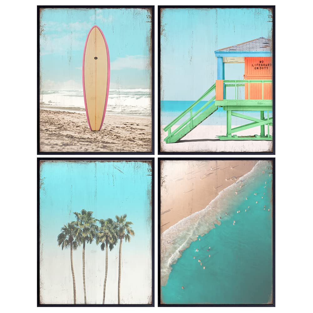 Vintage Ocean Wall Art Decor Set - 8x10 Nautical Beach House Themed Posters for Bathroom, Bath, Living Room, Bedroom, Office - Rustic, Shabby Chic Gift - UNFRAMED Sea, Surfing Home Decorations