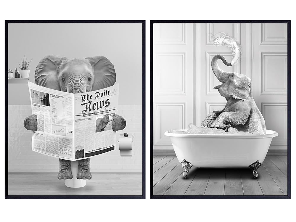 Elephant Wall Art - Bathroom Wall Art &amp; Decor - Funny Bathroom Wall Decor - Jungle Theme Decor - Small Bathroom Decor - Bath Wall Art - Guest Bath Pictures 8x10 UNFRAMED