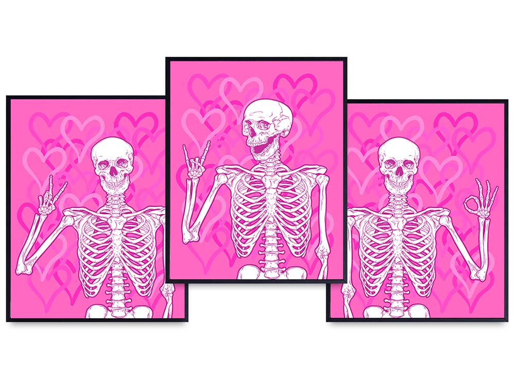 Skeleton Wall Art - Preppy Room Decor Aesthetic - Pink Hearts Pop art VSCO Room Decor - Eclectic Trendy Room Decor - Yellowbird Art &amp; Design - Girls Bedroom Decor - Funky Halloween Poster Set UNFRAMED