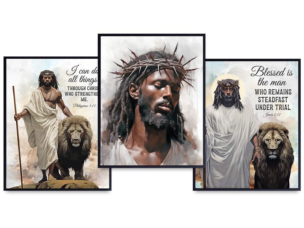 African American Art, Christian Gifts for Black Men, Women - Jesus Wall Art - spiritual Bible Verse Scripture Wall Decor Set - Religious Wall Decor - Faith Christian Room Decor - God Quotes Home Decor