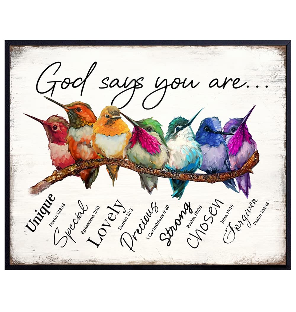 God Says You Are Hummingbirds Wall Art &amp; Decor - Religious Scripture Encouragement Gift for Women - Psalms Bible Verses - Motivational Family Art - Inspirational Positive Quotes Christian Affirmations