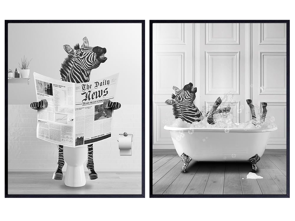 Bathroom Set Wall Art &amp; Decor - Zebra Decor Kids Bathroom Decorations - Small Bathroom Decor for Women Men - Gray Bathrom Decor - Modern Bathroom Wall Decor - Yellowbird Art &amp; Design Funny Bath Decor