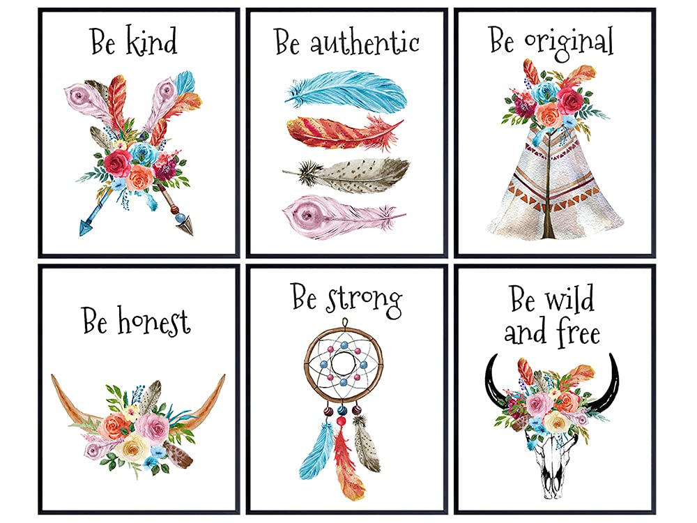 Boho Positive Affirmations - Women, Kids, Girls Bedroom Wall Decor - Bohemian Indian Arrow Feather Cow Skull Native American Southwest Hippie Wall Art - Inspirational Motivational Encouragement Quotes