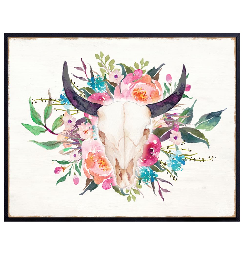 Boho Cow Skull Wall Art - Farmhouse Style Country Home Decor - Rustic Western Wall Decor - Blue Pink Cowgirl Barn Decorations for Women, Teen Girls - Southwestern Watercolor - Shabby chic Wall Decor