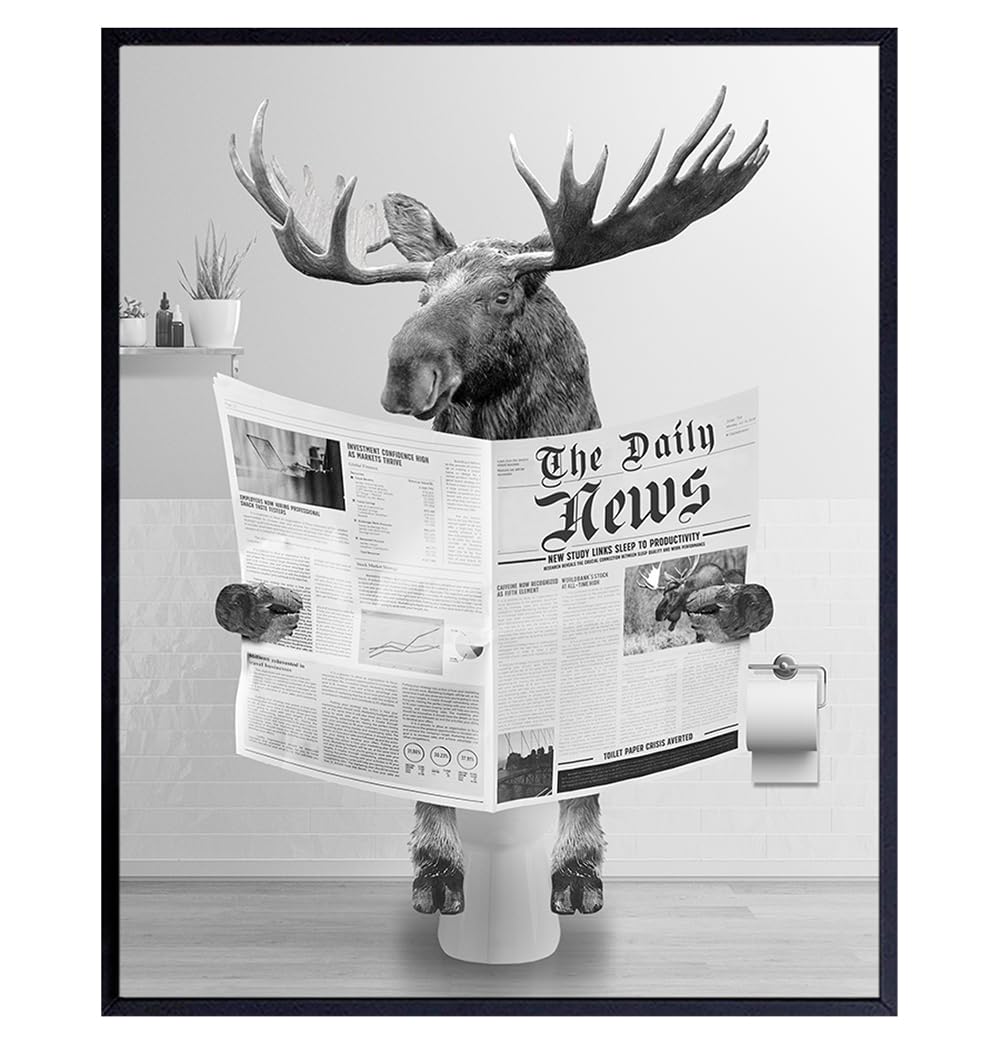 Moose Bathroom Accessories for Men - Cute funny Gray Small Bathroom Wall Art &amp; Decor - Powder room Pictures - Modern Bathroom Decorations - Restroom Sign - Yellowbird Art &amp; Design Home Decor Aesthetic