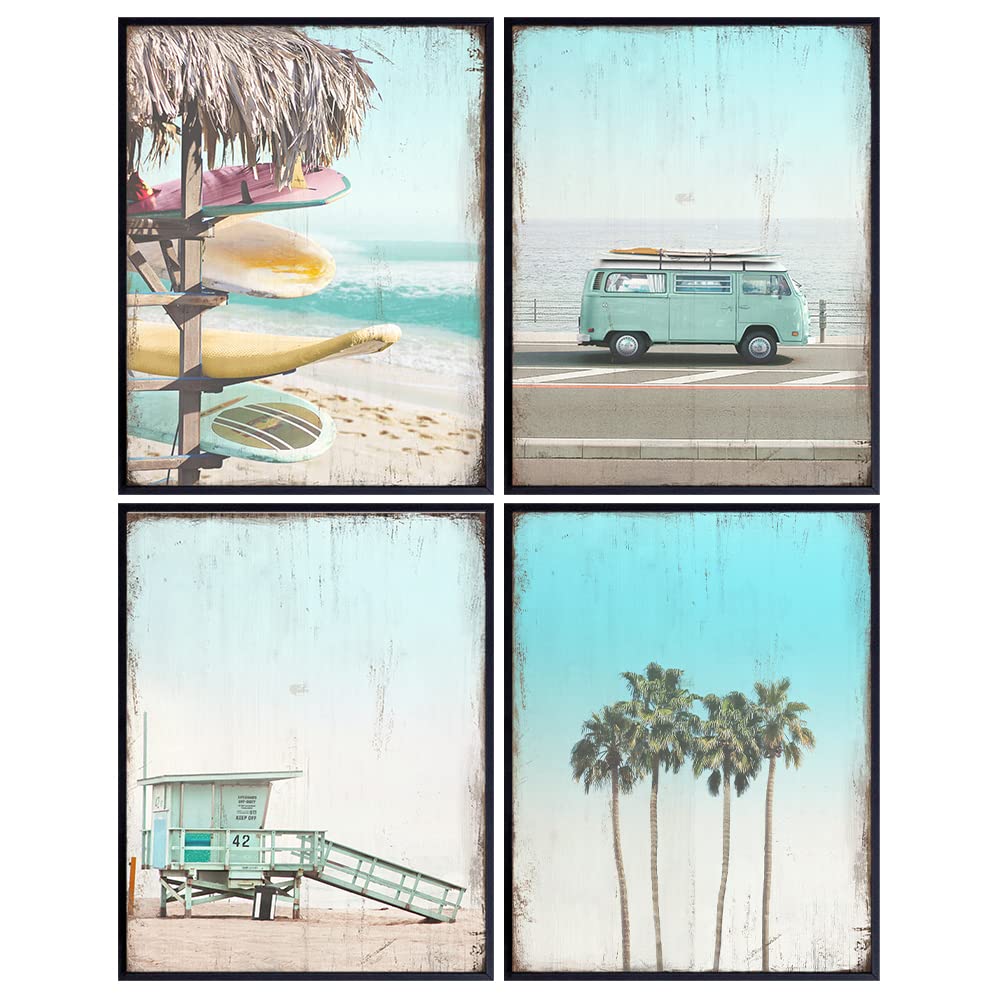 Rustic Beach House Wall Decor - Ocean Wall Art, Home Decoration for Bathroom, Bath, Living Room, Bedroom, Office - Sea, Summer Themed Nautical Gift for Surfer - 8x10 Vintage Shabby Chic Posters