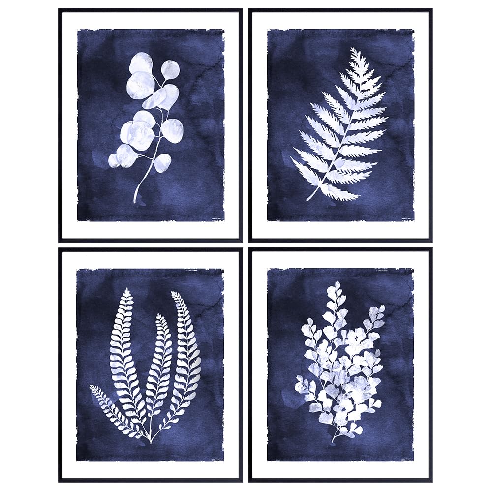 Botanical Wall Decor Set - Botanical Wall Art - Floral Wall Art - Navy Blue and White Watercolor Wall Art for Living Room, Dining Room, Kitchen - Gallery Wall Art Set - Minimalist Decor for Women