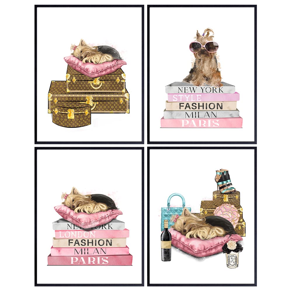 Luxury Designer Couture Wall Art - Cute Dog Lover Gifts for Women, Girls, Teens - Yorkie, Yorkshire Terrier Home Decorations - Puppy Decor - Glam Decor - High Fashion Pink Room Decor
