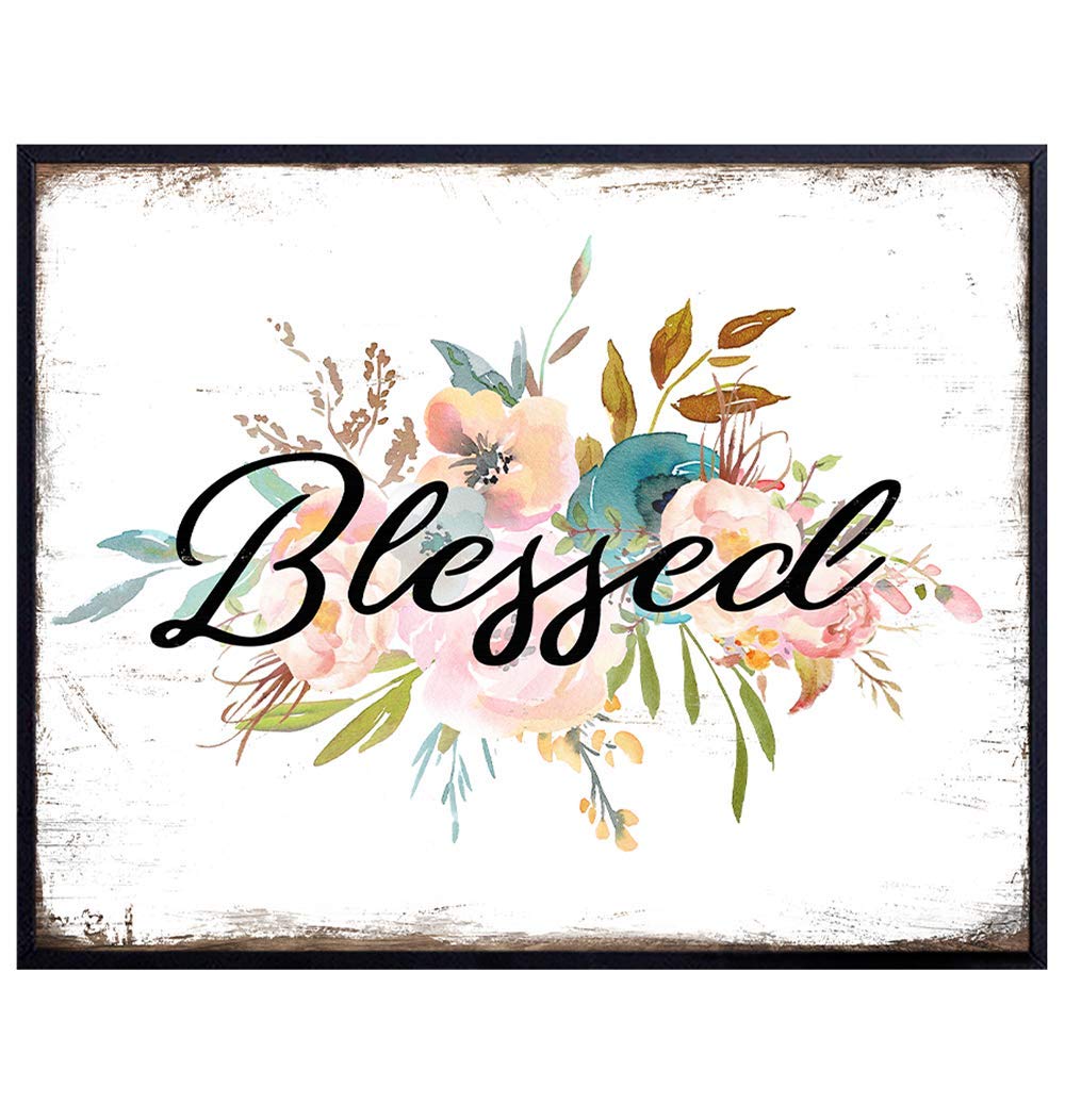Blessed Wall Decor - Bible Verse Signs - Religious Christian Wall Art for Church, Living Room, Bedroom, Kitchen - Boho Rustic Shabby Chic Farmhouse Home Decoration - Scripture Gift for Women, Girls