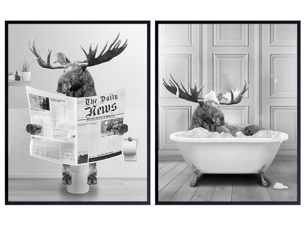 Moose funny Bathroom Decor for Men - Farmhouse Bathroom Decor - Adirondack Country Decor - Kids Bathroom Wall Art Sign - Rustic Gray Small Bathroom Pictures - Hunting Wall Decor - Bath Wall Art Poster