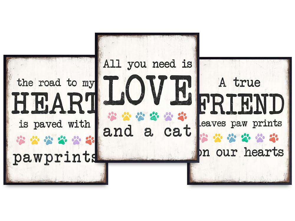 Cute Cat Quotes Wall Decor - Cat Gifts for Women, Cat Lady, Kitty Cat Mom, Cat Dad - Rustic Cat Wall Art - Pawprint Pet Memorial Decorations - Yellowbird Art &amp; Design Poster Set - Home Decor for Women