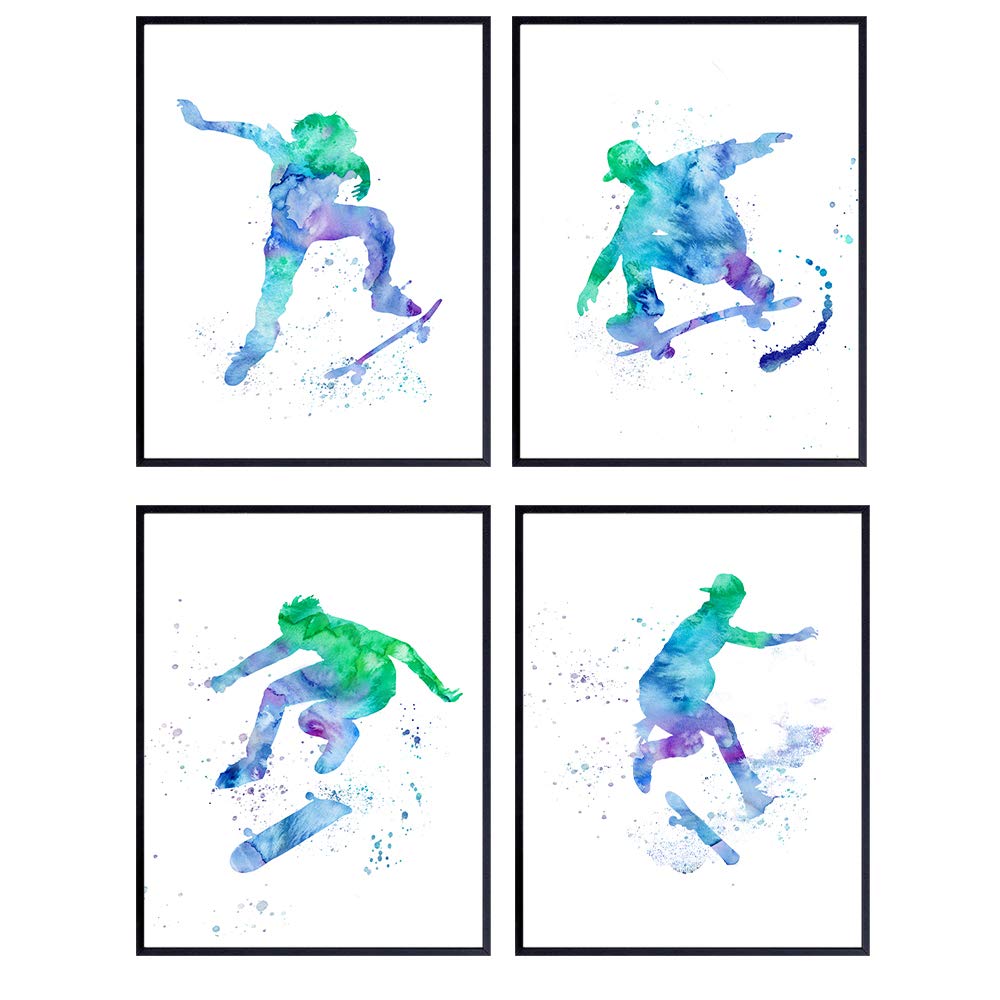 Skateboarding Watercolor Wall Art Prints - Set of Four - Great Gift for Skaters - Chic Home Decor - Ready to Frame (8X10) Vintage Photos