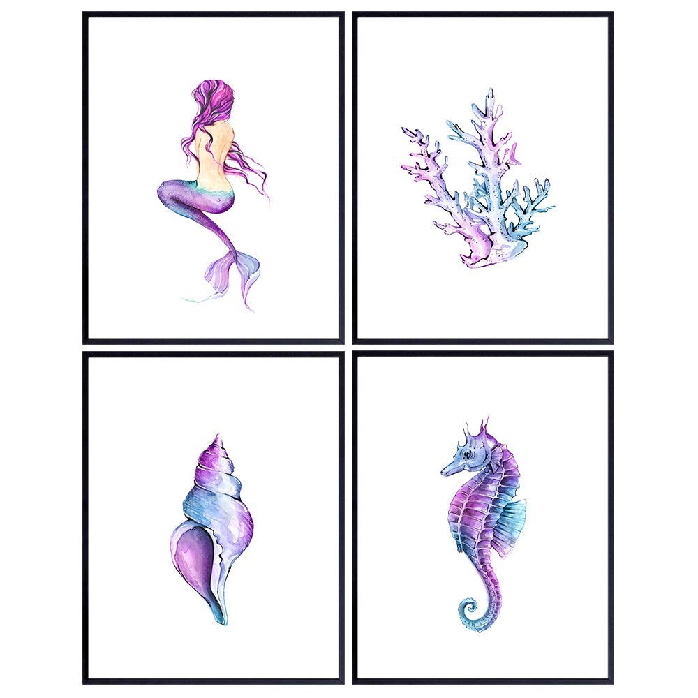 Mermaid, Seahorse, Seashell, Coral, Sea Animals Coastal Beach Wall Decor - Ocean Nautical Wall Art Decorations for Bathroom, Girls Bedroom, Living Room, Lake House - Pink Blue Tropical Summer Art
