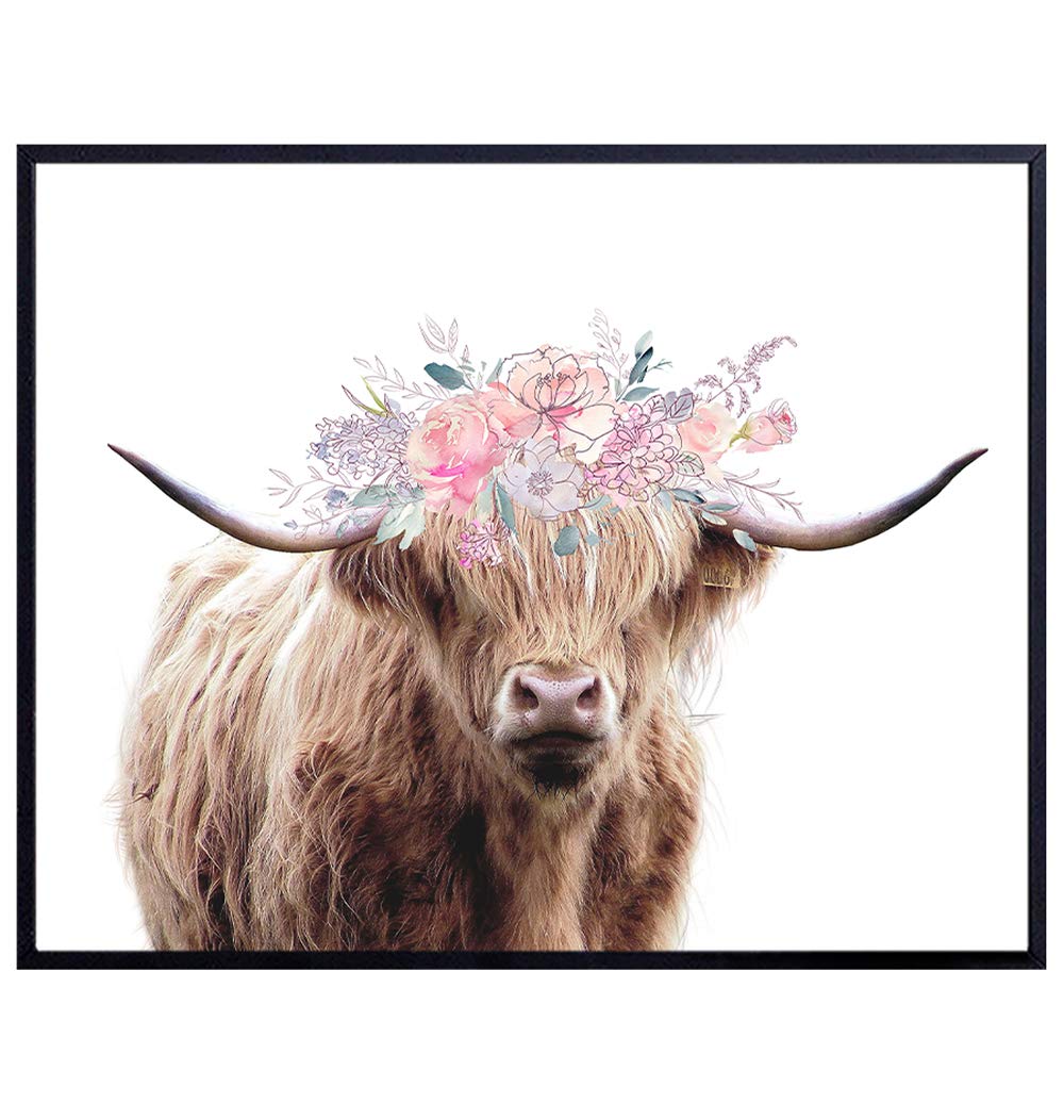 Highland Cow With Floral Wreath Wall Art Print Home Decor - Unframed Shabby Chic 8X10 Photo Poster - Unique Gift for Bedrooms, Kids or Girls Room, Kitchen, Office and Living Room, Ranch or Farmhouse
