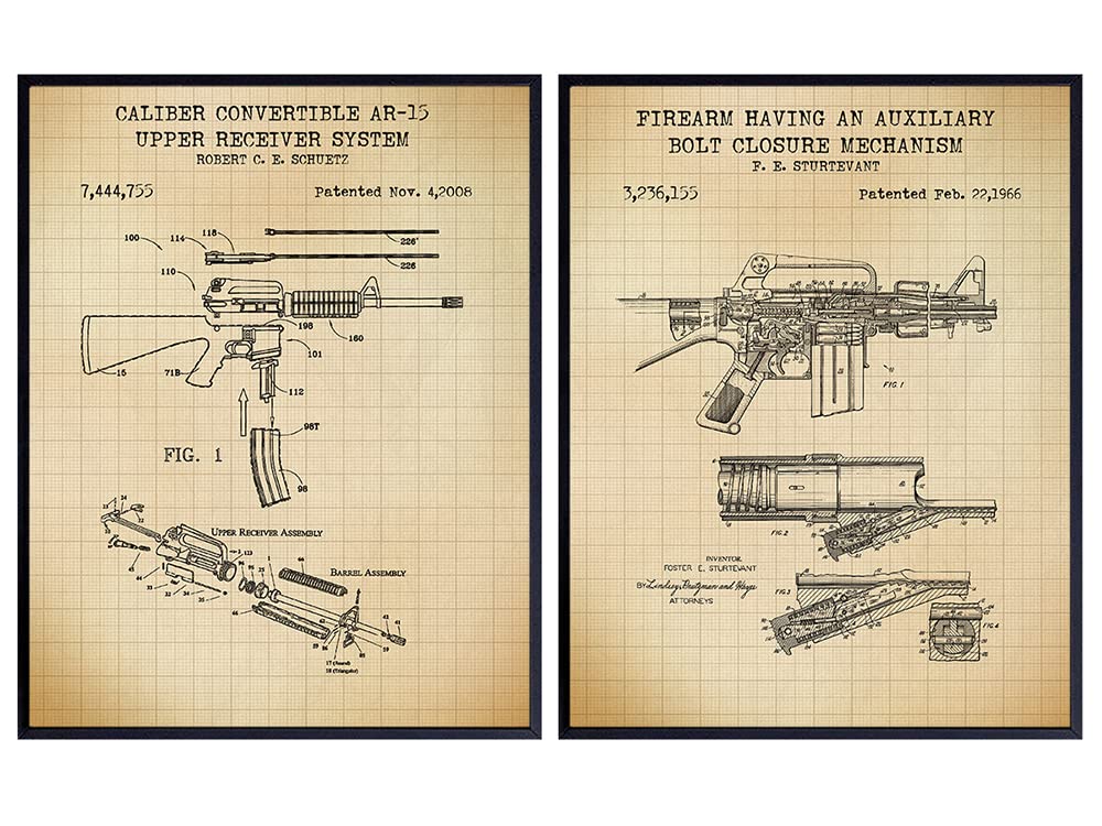 AR-15, M-16 Gun Patent Art Prints - Vintage Weapon Wall Art Poster Set - Home Decor for Man Cave, Office, Living Room, Game, Family Room - Gift for 2nd Amendment, NRA, Military, Firearms, Rifle Fans