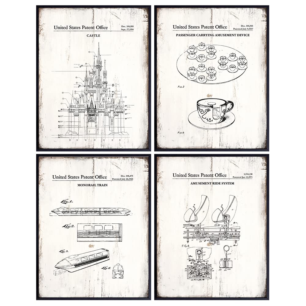 Rides Sign Patent Art Prints - Vintage Wall Art Poster Set - Rustic Home Decor for Boys, Girls, Teens, Kids Room - Gift for Mickey Fans - 8x10 Photos Unframed Set of prints
