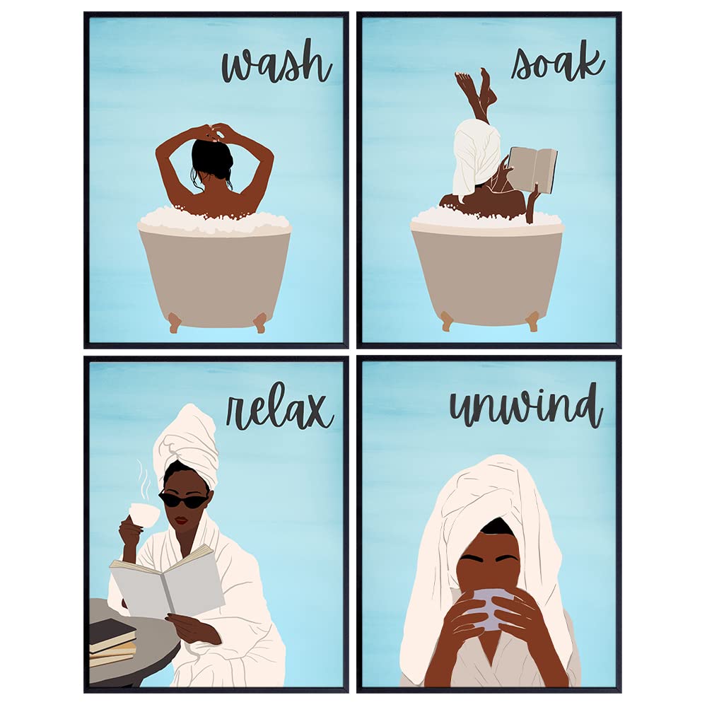 Relax Soak Unwind Wall Art - Light Blue Bathroom Decorations Set - Afro Black Art - African American Women - Abstract Minimalist Mid Century Modern Guest Bath Wall Decor - Restroom Sign, Powder Room