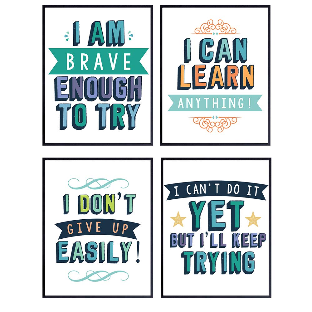 Reading and Learning Motivational Art Prints, Wall Art Posters - Unique Home Decor for Classroom, School, Kids Bedroom, Toddler and Child Room, Library - Gift for Teachers, Moms, Dads, (Set of 4) 8x10