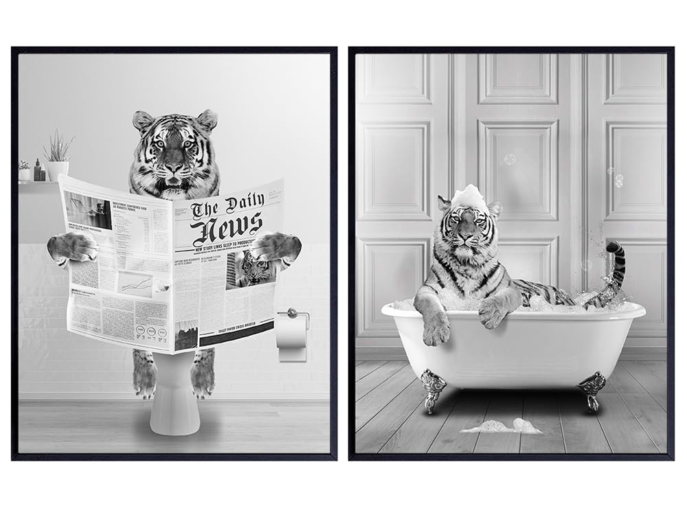 Tiger Bathroom Decor Set - Bathroom Set for Kids Men Women - Funny Bathroom Wall Art - Restroom Wall Decor - Animal Bathroom - Bath Wall Art - Bathroom Signs Wall Decor - Bathroom Decor for Boys