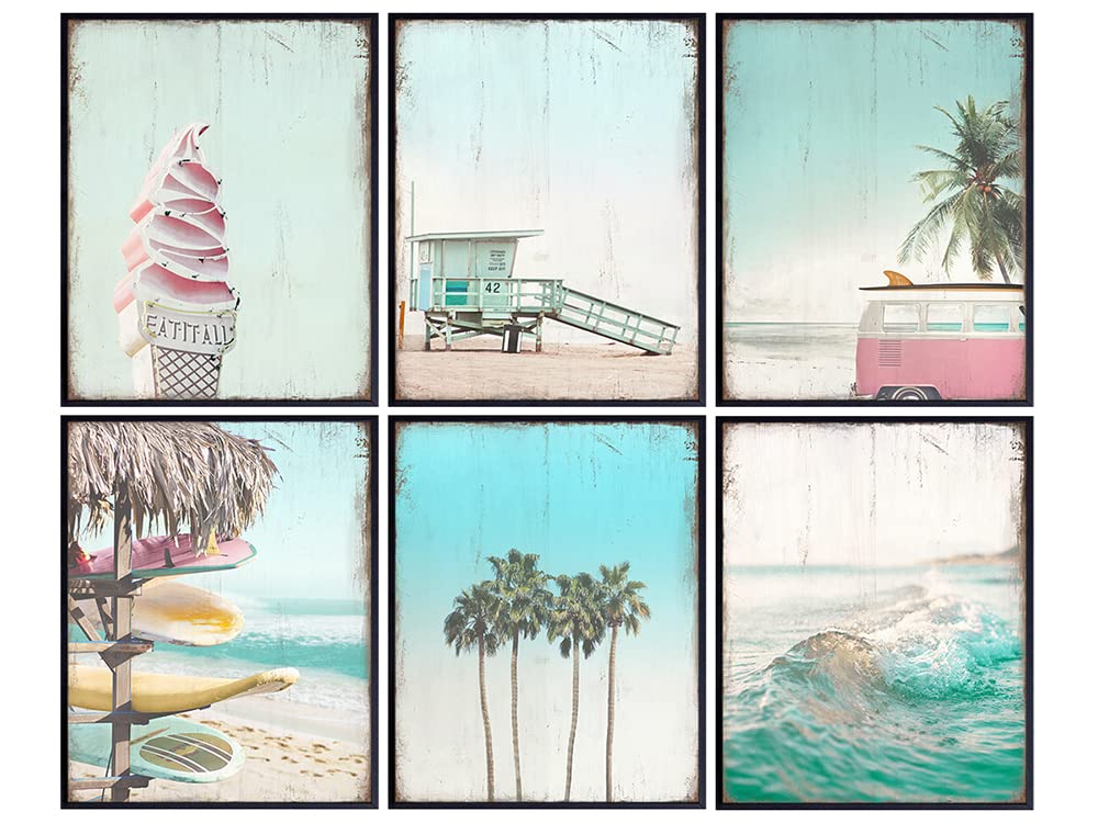 Rustic Vintage Nautical Ocean Poster Prints for Beach House Decor, Home Decoration Set - 6-8x10 Tropical Summer Wall Art - Cute Shabby Chic Gift - UNFRAMED Photo Pictures - Flamingo, Palm Tree, Wave