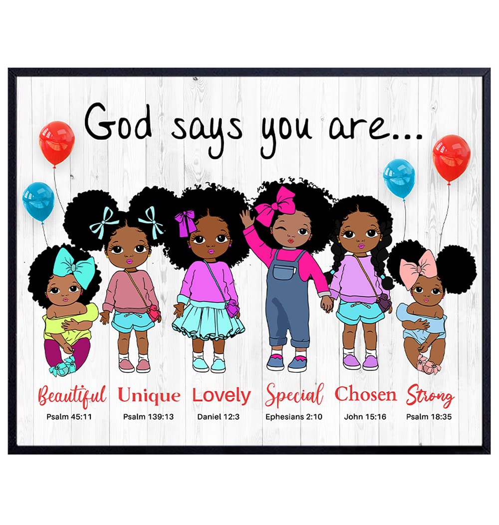 African American Girls Religious Decor - Spiritual Scripture Bible Verses Wall Art - Christian Daughter Gifts - Black Art - Nursery Bedroom Room Decor - Inspirational Motivational - God Says You Are