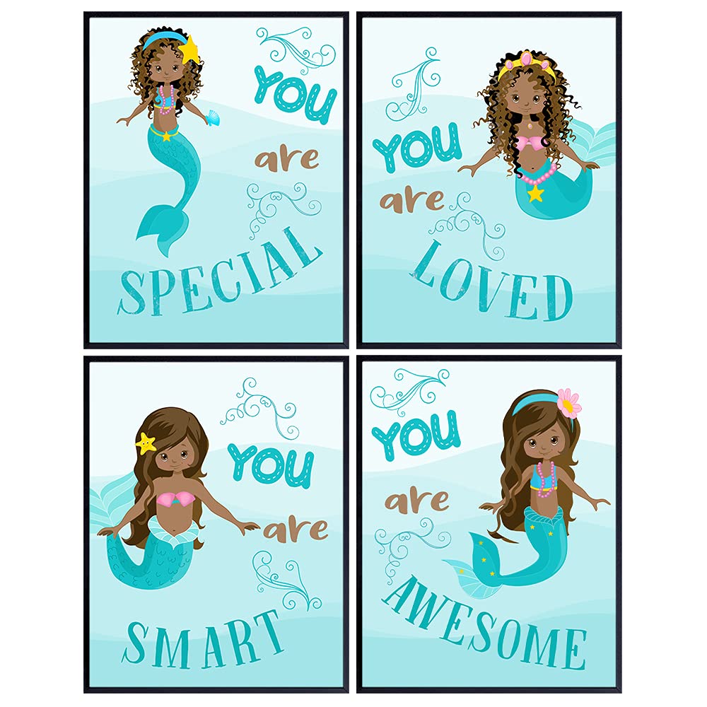 African American Girl Wall Decor - Black Art Poster Set 8x10 - Cute Mermaid Wall Decor - Toddler, Little Girls Bedroom Decor - Afro-American Gifts - Light Blue Room Decor Baby Girl Room Decorations