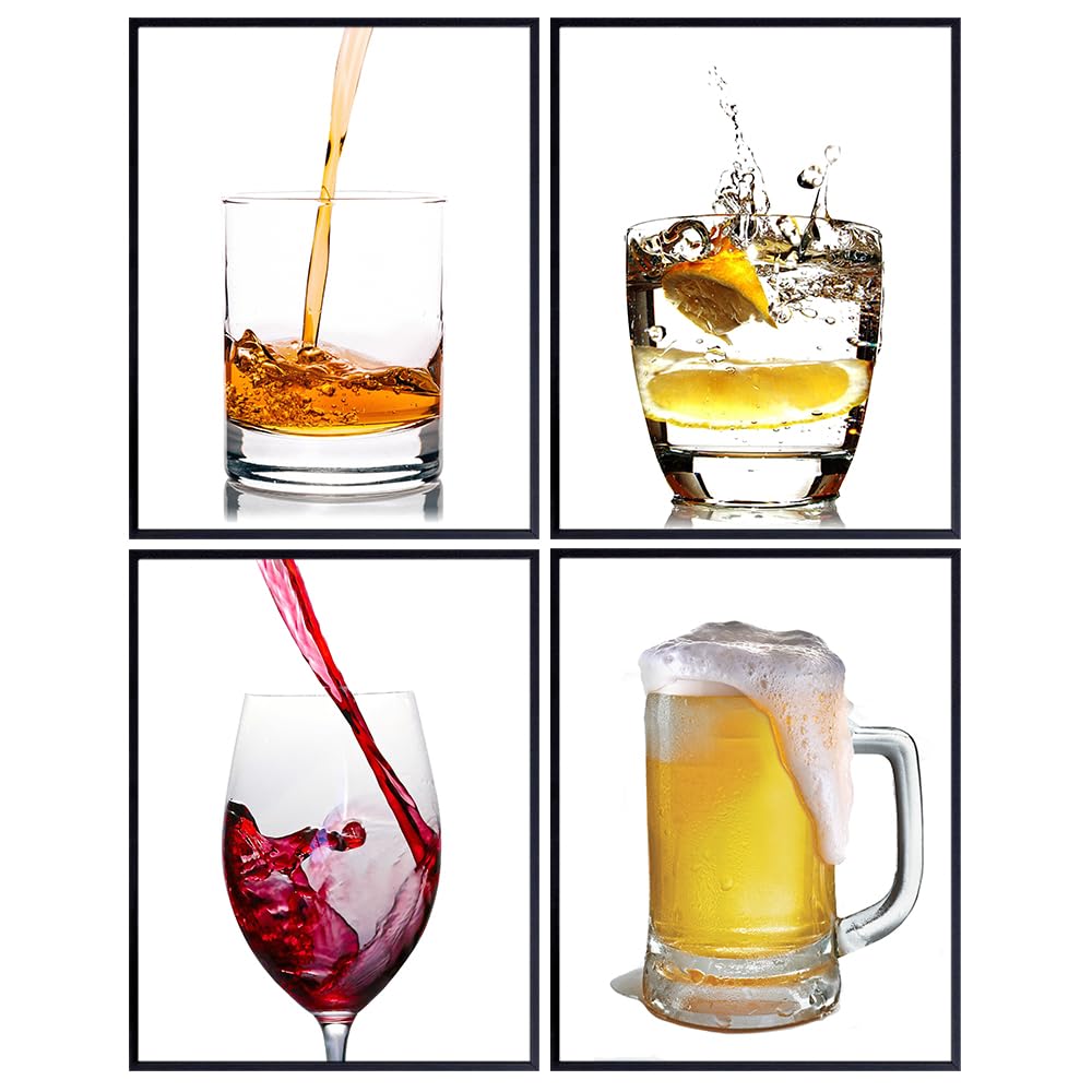 Bar Cocktail Beer Wine Whiskey Art Print Set- Wall Art Posters - Unique Home Decor for Man Cave, Den, Game Room - Gift for Men, Bartender - 8x10 Photo Unframed