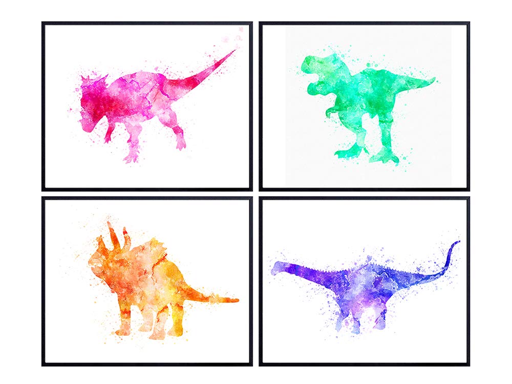 Dinosaur Dino Watercolor Art Print Set of 4 Photos - Kids Wall Art Posters - Unique Home Decor for Boys Bedroom, Play Room - Makes a Great Gift - 8x10 Photo Unframed