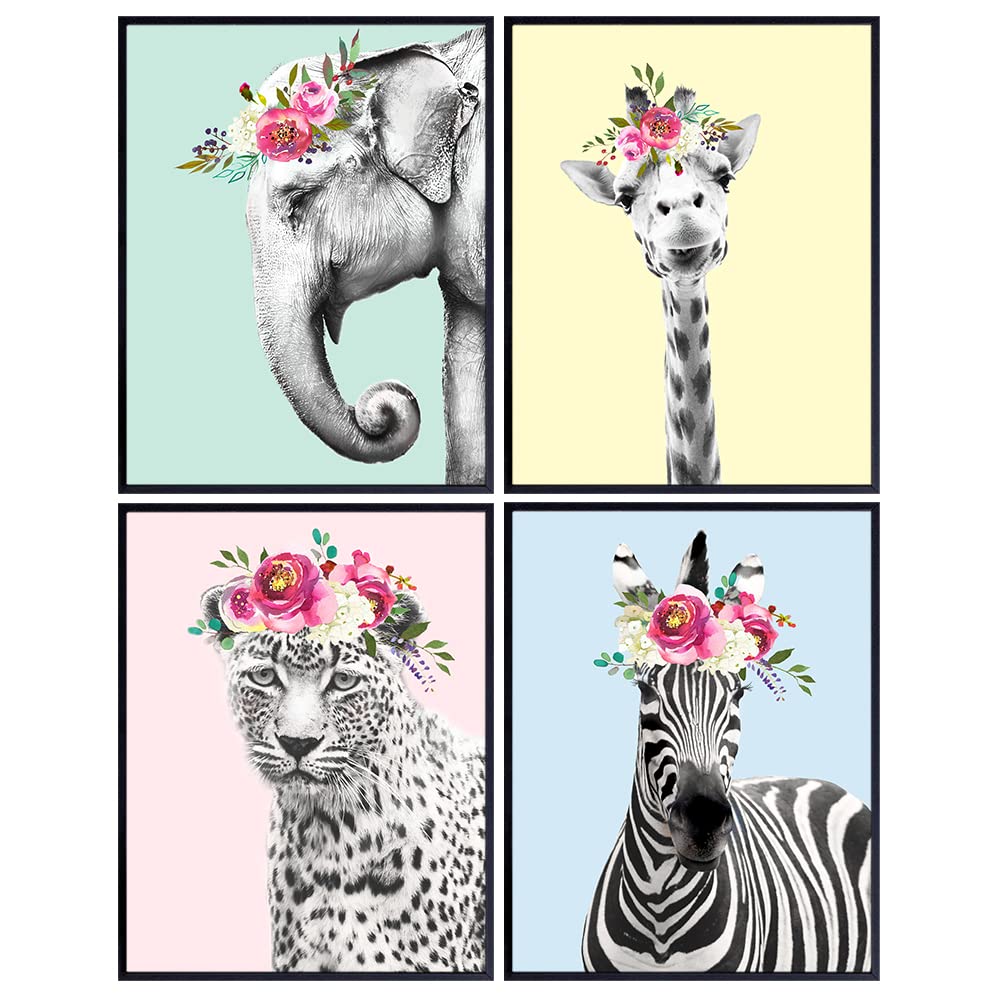 Jungle Animals Floral Wall Art Photo Set - Home Decor for Girls, Teens or Kids Room, Baby Bedroom, Nursery - Great Shower Gift - 8x10 Unframed Watercolor