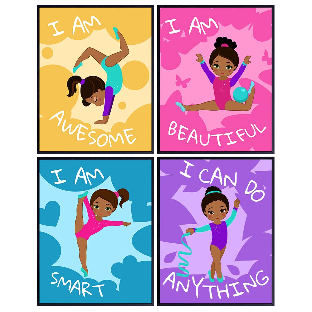 African American Girl Gifts - Gymnastics Wall Art - Black Girl Wall Art - Motivational Wall Decor - Little Girls Bedroom Decor for Toddlers, Nursery Baby Room - Inspiring Inspirational Positive Quotes