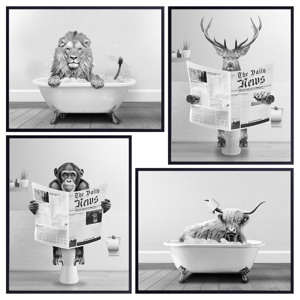Cute funny Bathroom Wall Art - Bathroom Accessories for Kids - Farmhouse Bathroom Decor - Boho Bathroom Decor - Black Gray Modern Bathroom Set - small Bathroom Wall Decor - Cow Deer Lion Monkey