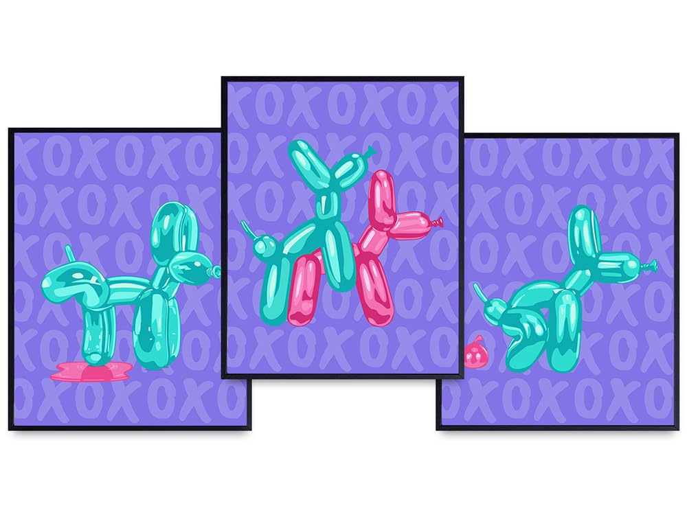 Purple Pink Teal Bathroom Decor - Trendy 70s XO Pop art Retro Room Decor, College Dorm Wall Decor - funny Bathroom Wall Art - Balloon dog Wall Collage, Gallery Wall Decor - Modern Bathroom Accessories