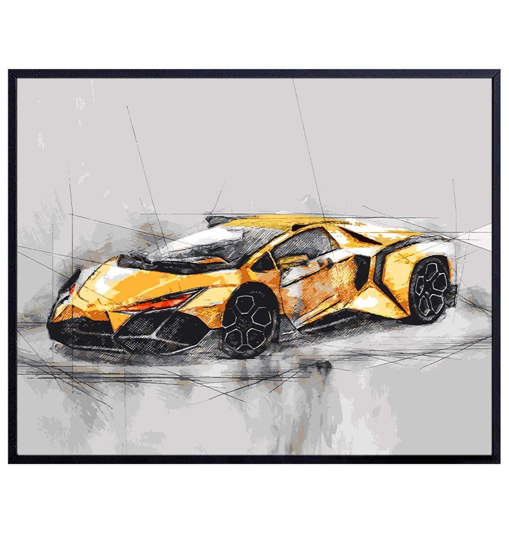Yellow Sports Car Poster - Wall Decor for Men, Boys Room, Man Cave, Garage, Office - Exotic Cars Wall Art - Sports Cars - Wall Art for Men - Cool Bedroom Decor for Men