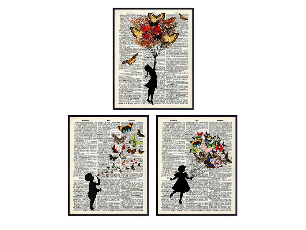 Butterflies and Kids Wall Decor - 8x10 Boys Room, Girls Room Decor, Poster Gift Set - Nursery and Baby Wall Decor on Dictionary Photo - UNFRAMED Kids Wall Art Prints - Shabby Chic, Rustic Decorations