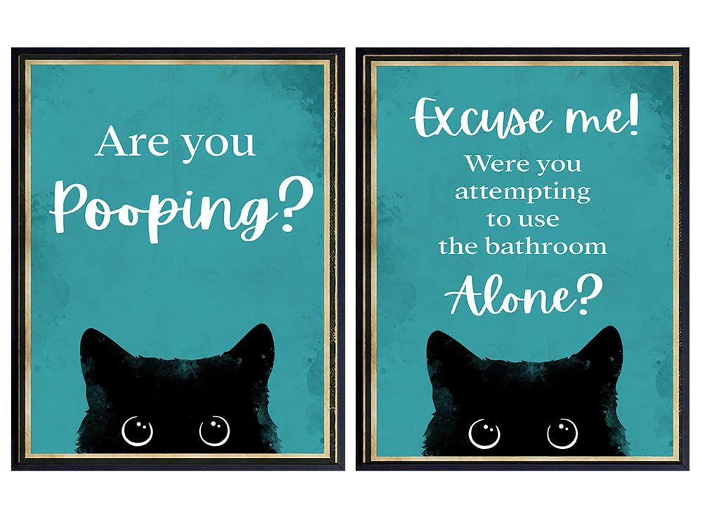Cat Bathroom Wall Decor - Funny Bathroom Wall Art - Blue Bathroom Accessories - Black cat Wall Art Pictures - Cat Gifts - Cat Lovers Small Bathroom decoration - Powder room Restroom Sign 8x10 UNFRAMED