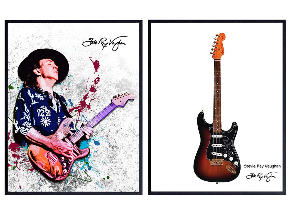 Stevie Ray Vaughan and Guitar Wall Art Print Poster Set - Inexpensive Gift for 80&