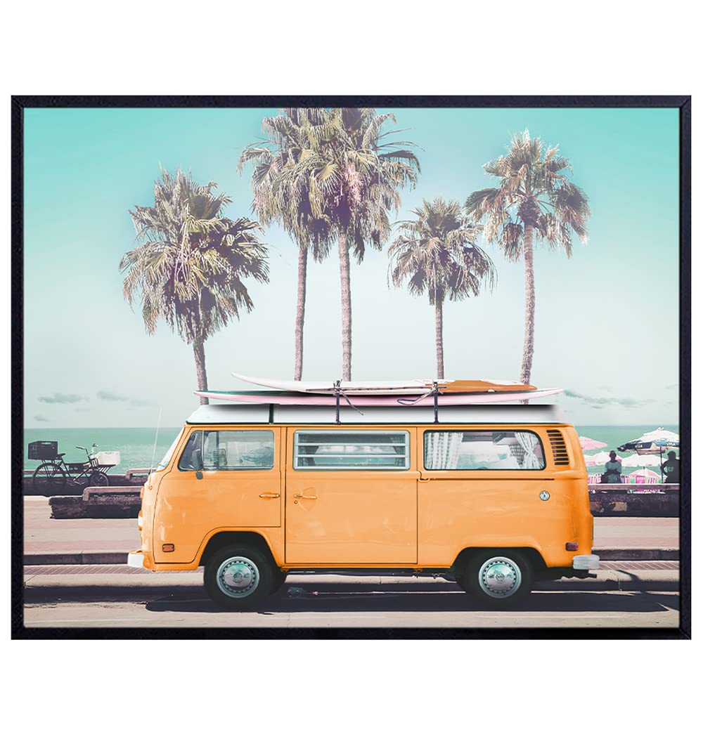 Surf Decor - Surf Van Wall Art - Surfing Wall Art - Volkswagen Van - Ocean Beach House Wall Decor - Tropical Wall Art Photo for Summer Home, Living Room, Bedroom, Bathroom - Gift for Surfer