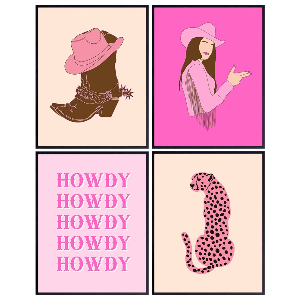 Aesthetic Cheetah Print Wall Art - Howdy Country Western Wall Decor - Leopard Wall Decor - Living room Bedroom Decor for Women - Pink Preppy Room Decor Set - Mid-century Modern Minimalist Wall Art