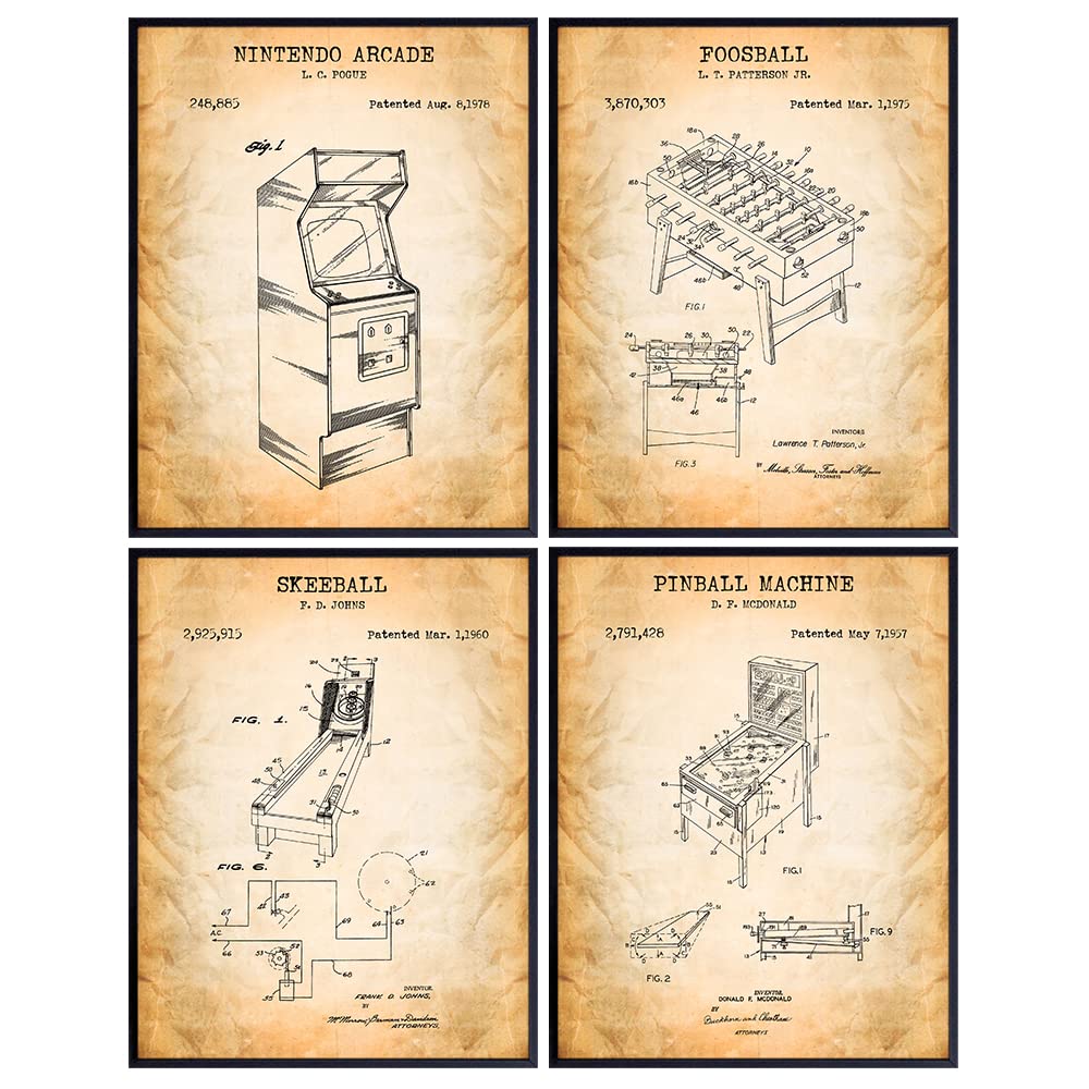 Video Arcade Games Patent Art Prints Wall Decor Set - Retro Vintage Home Decoration Pictures for Family, Living or Game Room, Bar - Gift for Gamers, Foosball, Pinball, Nintendo Fans - 8x10 Posters