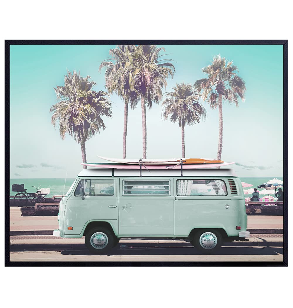 Summer Beach House Wall Art Decor - Surf Volkswagen Kombi Camper Van Photo for Ocean Home, Living Room, Bedroom, Bathroom - Vintage Tropical Themed Surfing Photograph - Gift for Surfer - 8x10 Sea