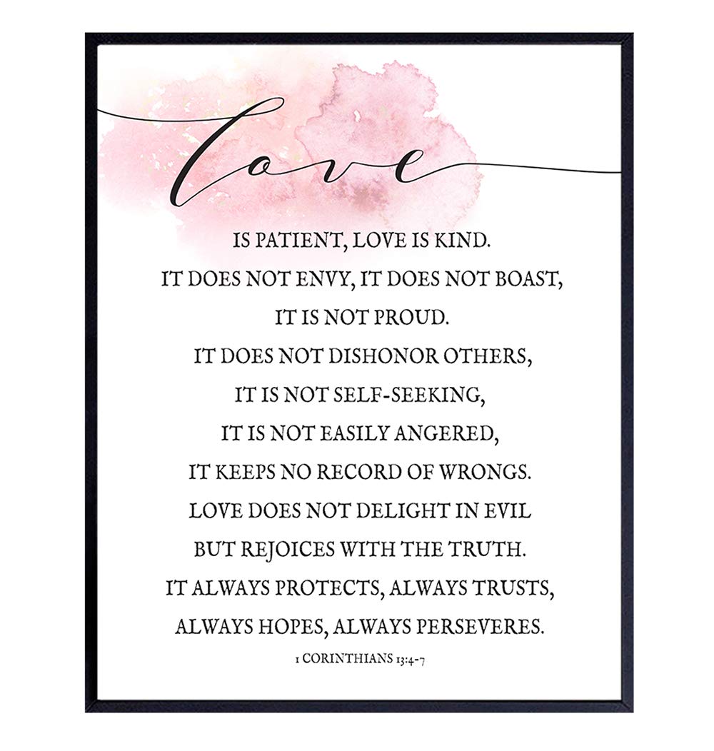 Love is Patient Love is Kind Wall Art - Romantic Home Decor, Room Decoration Poster - Anniversary or Wedding Gift for Couple, Women, Men - Bedroom, Living Room Picture - 8x10 Corinthians 13 4-8