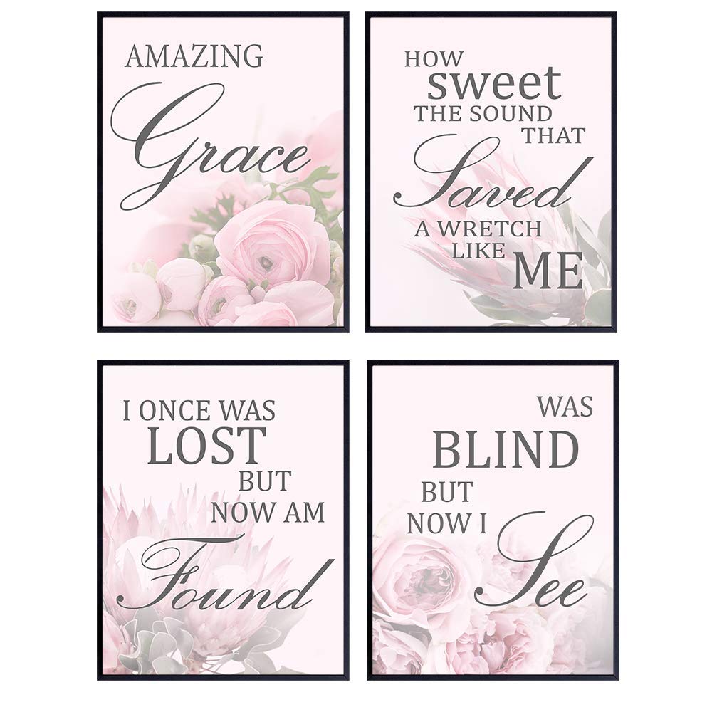 Religious Amazing Grace Wall Decor - Christian Wall Art for Women - Inspirational Floral Home Decoration for Bedroom, Living Room, Dining Room, Office - Pink Roses, Peonies, Succulents, Cactus