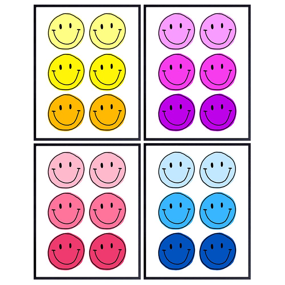 Pop art Smiley Face Decorations - Preppy Room Decor for Girls - VSCO Wall Decor Aesthetic - Minimalism Mid Century Modern art Home Decor for Women - Trendy Wall Art College Dorm Room Decor Poster Set