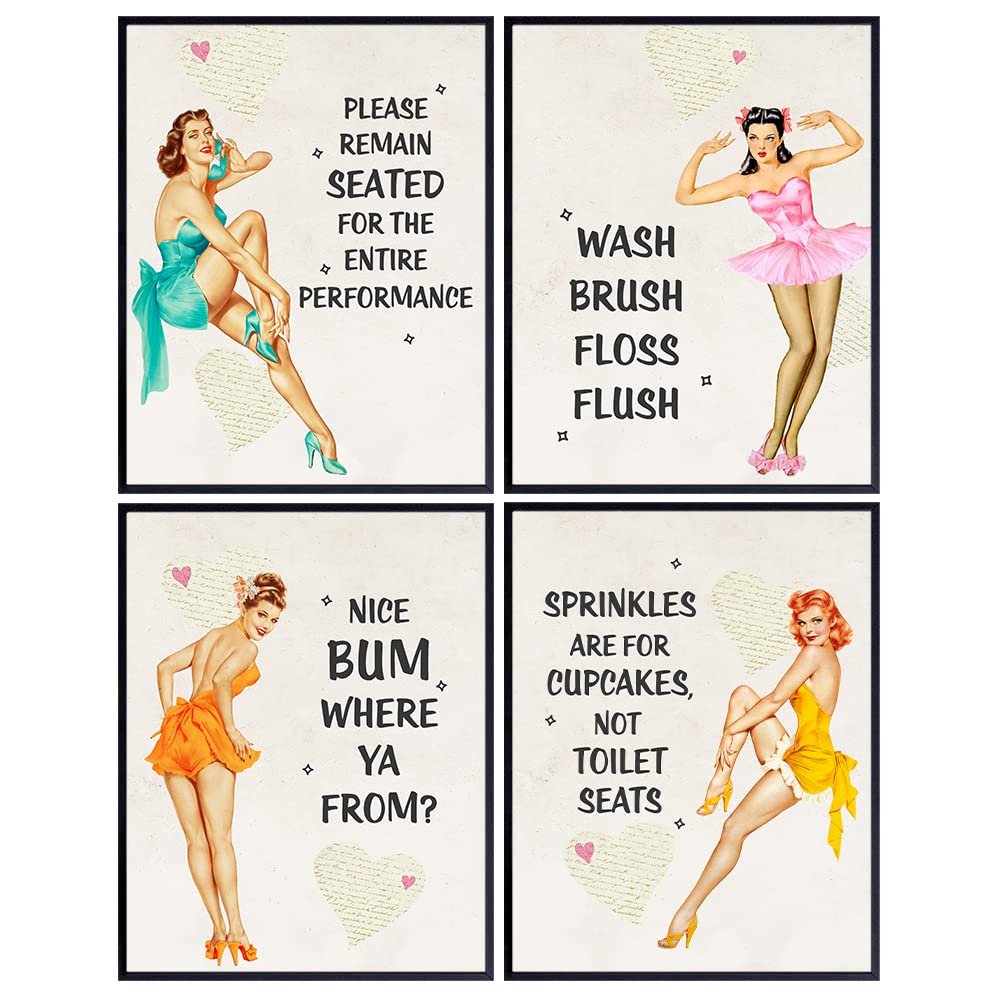 Bathroom Decor For Women - Bathroom Wall Art - Funny Vintage Restroom Decorations for Powder Room, Bath - Cute Unique Housewarming Gift Set