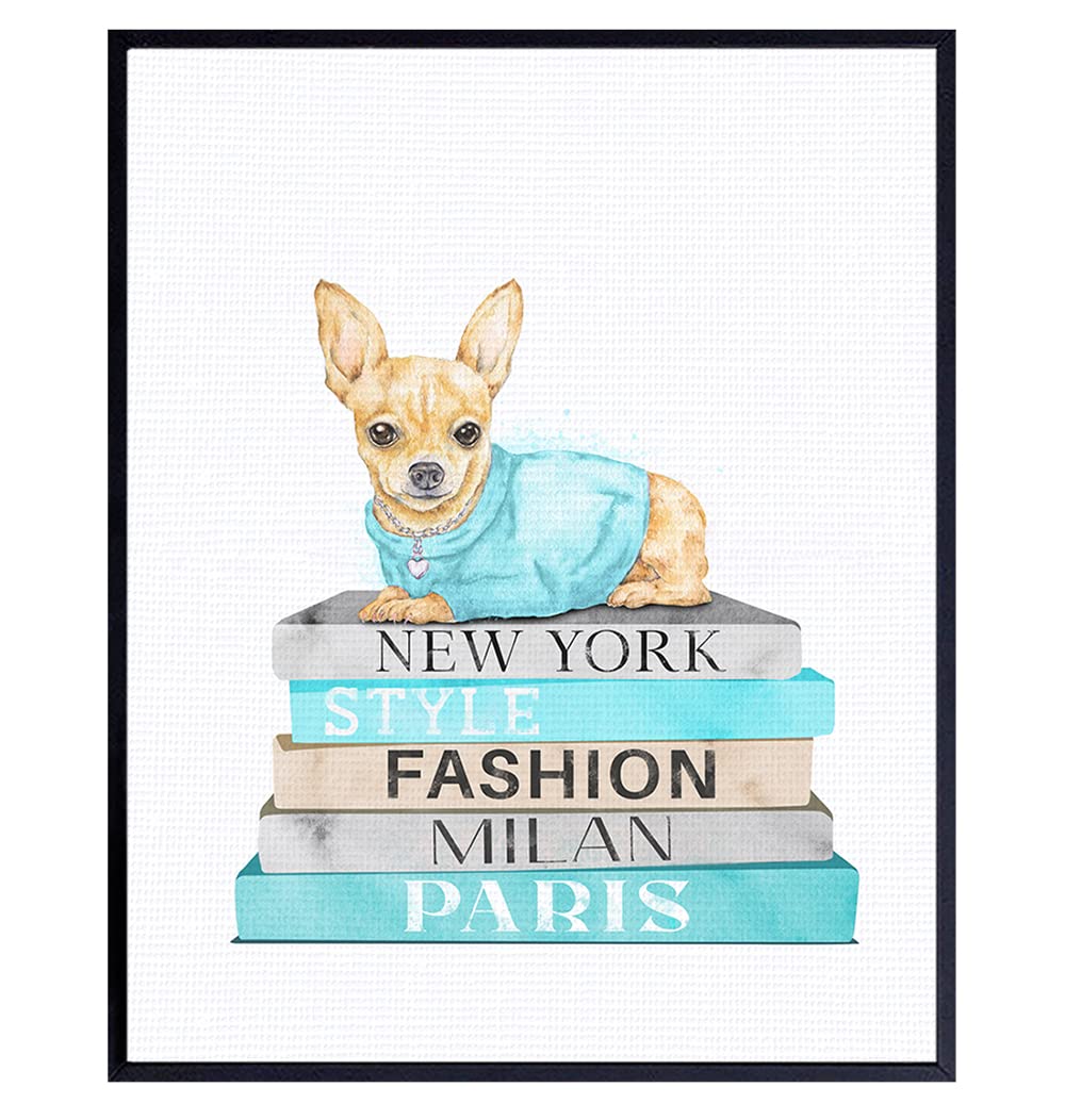 Glam Room Decor - Chihuahua Decor - High Fashion design Wall Decor - Designer Dog Wall Art for Women, Girls - Glamour Blue Wall Decor - Luxury Haute couture Gift