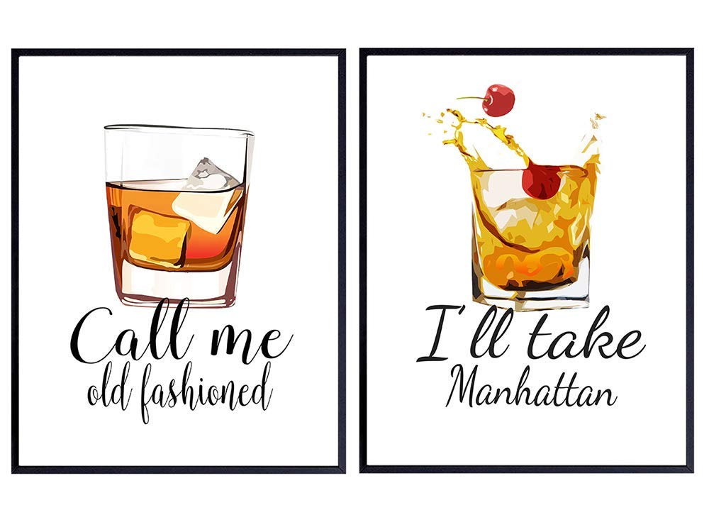 Bar Signs for Home Decor - Bar Decorations for Walls - Bar Accessories and Decor for the Home or Apartment - Unique Housewarming Gift - Call Me Old Fashioned, Manhattan Cocktail -8x10 Art Posters Set