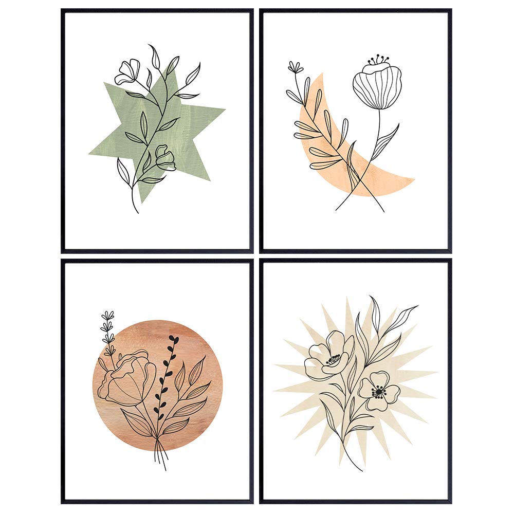 Abstract Plant Wall Decor - Minimalist Aesthetic Line Art for Bathroom, Bedroom, Living Room - Matisse Style Botanical Poster Print Set - Celestial Sun, Moon Modern Home Decoration - Gift for Women